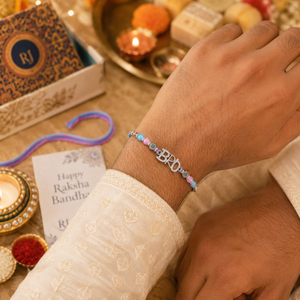 Bro Rakhi – 925 Sterling Silver Letter Rakhi with Pastel Blue & Pink Beads