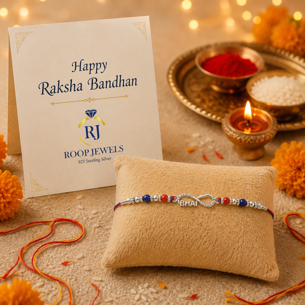 Bhai Rakhi – 925 Sterling Silver Infinity Rakhi with Red & Blue Beads