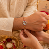 Trishul Crystal Silver Rakhi – 925 Sterling Silver Trishul Rakhi with Red, Amber & Yellow Crystal Beads