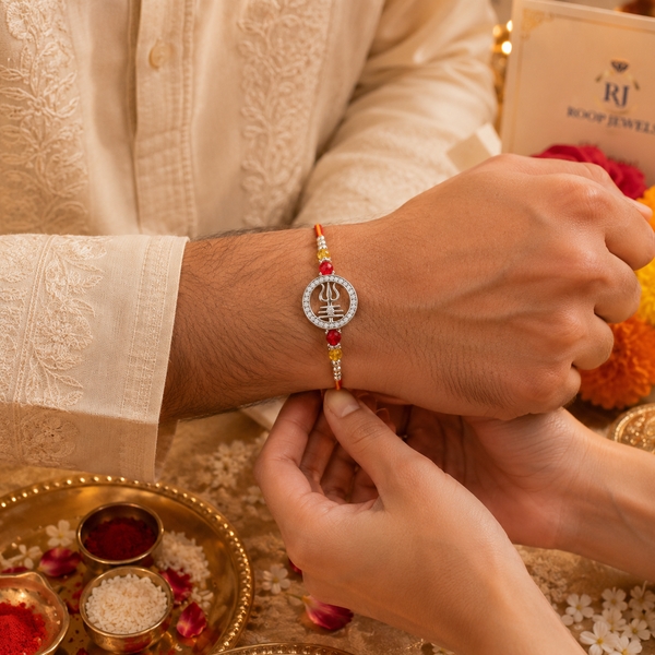 Trishul Crystal Silver Rakhi – 925 Sterling Silver Trishul Rakhi with Red, Amber & Yellow Crystal Beads