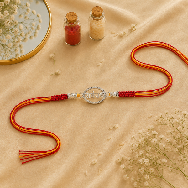 Radhe Radhe Rakhi – 925 Sterling Silver Divine Radhe Radhe Rakhi with Crystal Halo