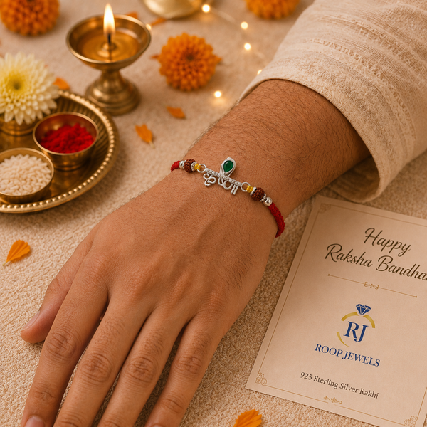 Krishna Rakhi – 925 Sterling Silver Rakhi with Green Crystal & Rudraksha Beads
