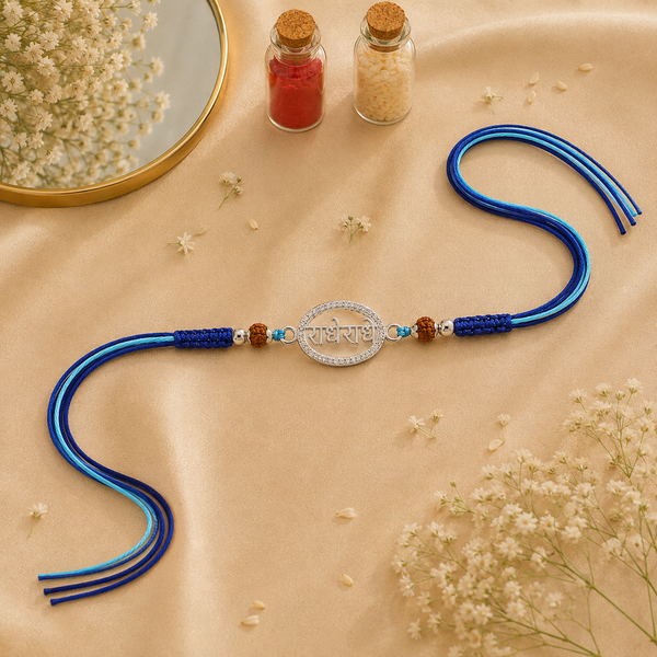 Radhe Radhe Rakhi – 925 Sterling Silver Divine Radhe Radhe Rakhi with Rudraksha Beads