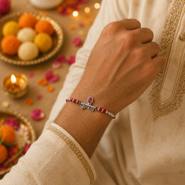 Krishna Rakhi – 925 Sterling Silver Rakhi with Pink Crystal & Red Beads