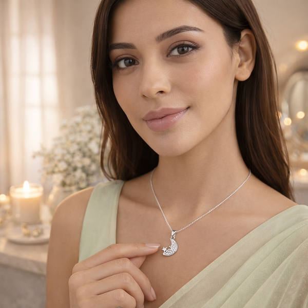 Noor Chand Pendant – 925 Sterling Silver Moon & Star CZ Pendant for Women