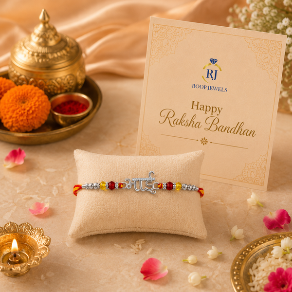 Bhai Rakhi – 925 Sterling Silver Rakhi with Red & Yellow Beads
