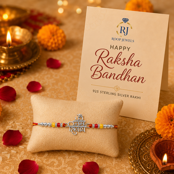 Om Namah Shivay Rakhi – 925 Sterling Silver Spiritual Rakhi with Red & Yellow Beads