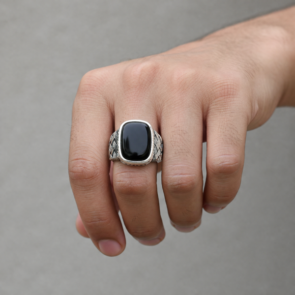 Woven Signet Ring – 925 Sterling Silver Black Stone Statement Ring for Men