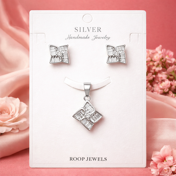 Elara Pendant Set – 925 Sterling Silver Geometric Floral Pendant & Earrings Set