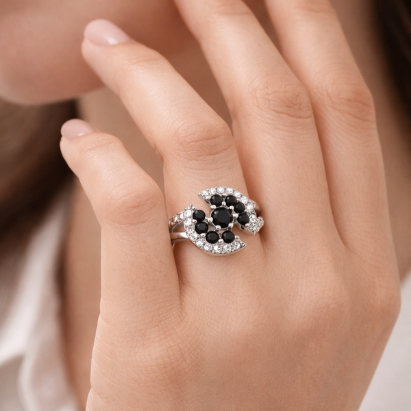 Black Flora Ring – 925 Sterling Silver Floral CZ Ring for Women