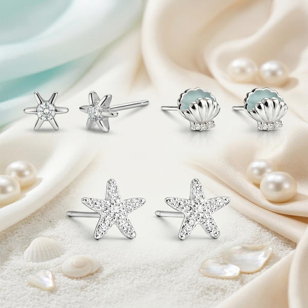 Ocean Trio Studs – 925 Sterling Silver 3-Pair Ocean-Inspired Stud Earrings Set