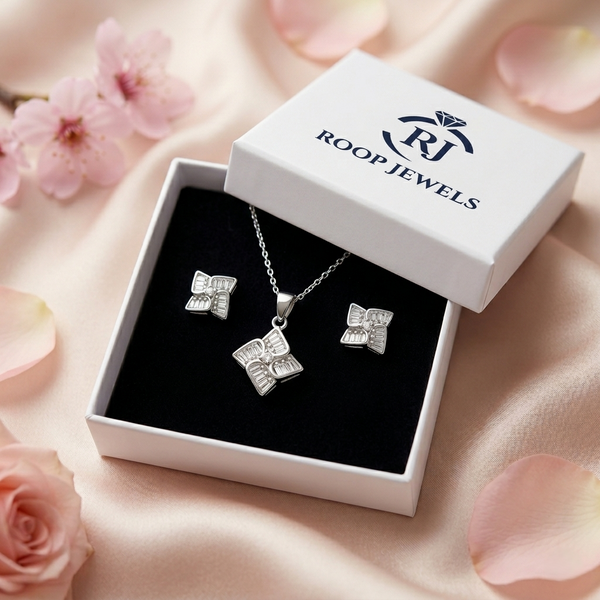 Elara Pendant Set – 925 Sterling Silver Geometric Floral Pendant & Earrings Set