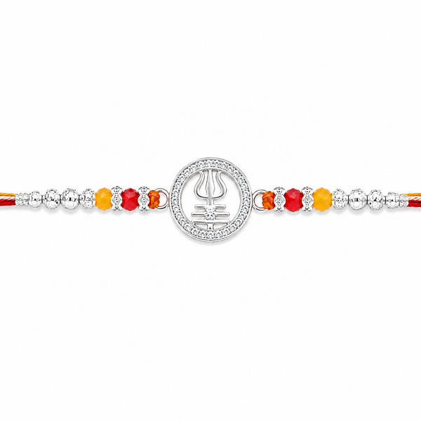 Trishul Crystal Silver Rakhi – 925 Sterling Silver Trishul Rakhi with Red, Amber & Yellow Crystal Beads