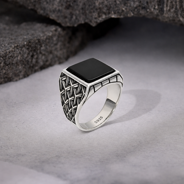 Shadow Grid Ring – 925 Sterling Silver Men’s Oxidized Statement Ring