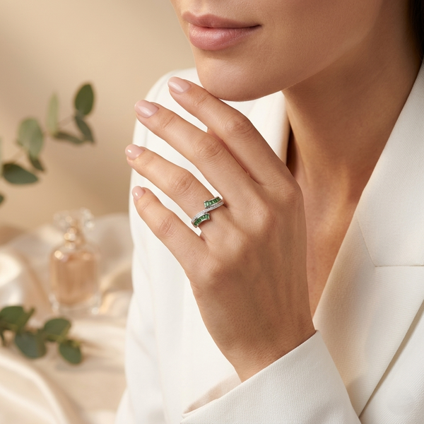 Zariya Ring – 925 Sterling Silver Green Baguette CZ Crossover Ring for Women