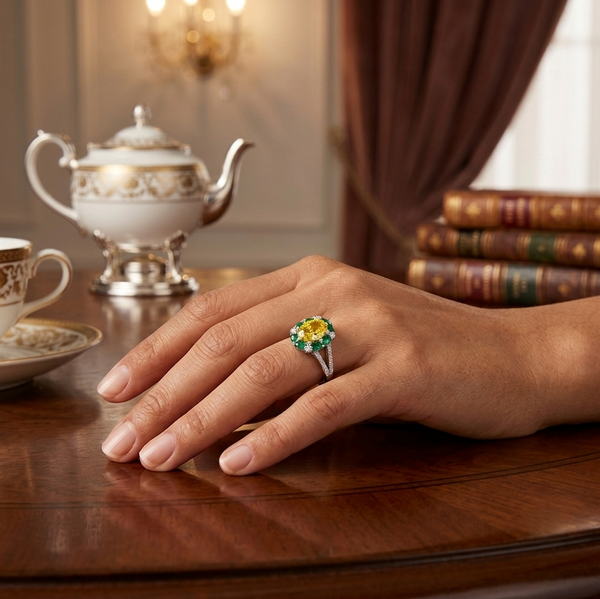 Ira Ring – 925 Sterling Silver Yellow & Emerald Halo Ring
