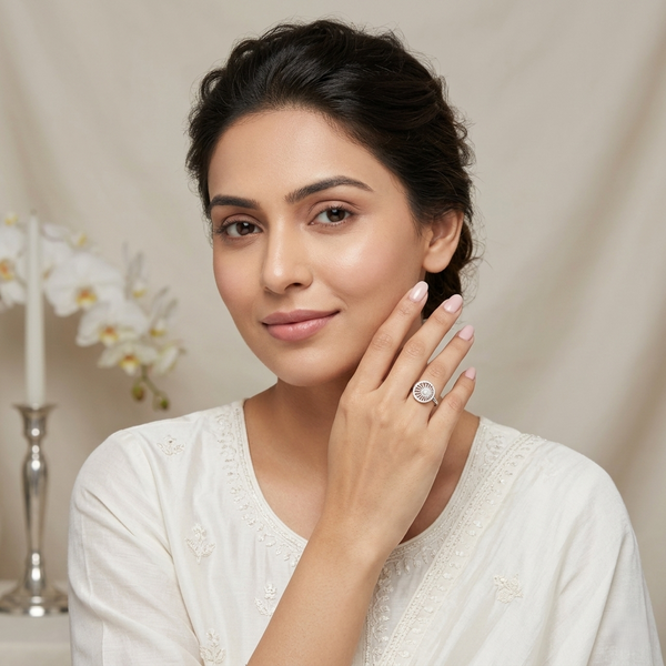 Surya Vritta Ring – 925 Sterling Silver Radiant Halo Ring for Women