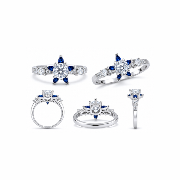 Astra Ring – 925 Sterling Silver Sapphire Floral Halo Ring