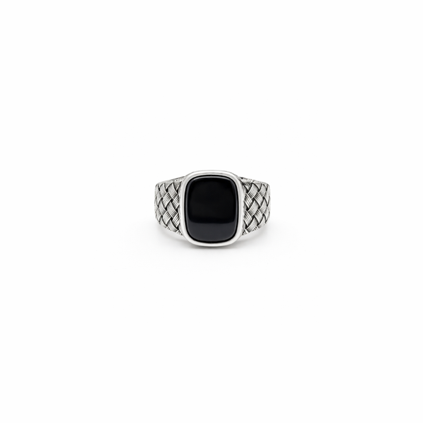 Woven Signet Ring – 925 Sterling Silver Black Stone Statement Ring for Men