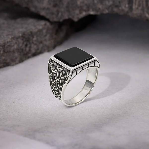 Shadow Grid Ring – 925 Sterling Silver Men’s Oxidized Statement Ring