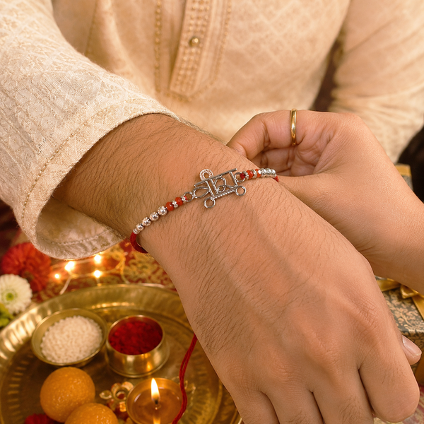 Veera Rakhi – 925 Sterling Silver Name Rakhi with Red Crystal Beads